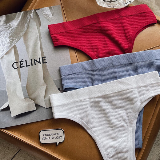 Single Nanwei women's underwear European and American solid color ribbed cotton sexy mid-high waist thong comfortable breathable large size sports fitness blue SM