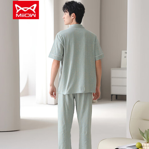 MiiOW costume deux pièces pyjama pour hommes, pantalon à manches courtes portable d'été, revers cardigan, nouveaux vêtements de maison, pur coton NSN--9856 Male L