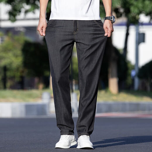 JEEP SPIRIT牛仔裤男士薄款深色夏季宽松直筒商务超薄冰丝黑色休闲长裤子夏天 9767中蓝 33 腰围二尺六