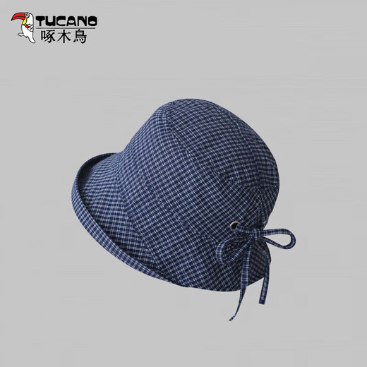 Woodpecker sun hat for women, Japanese plaid fisherman hat, summer thin breathable sunshade hat, sweet bow foldable style, dark blue, one size fits all, 55-59cm adjustable