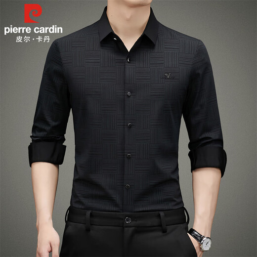 Pierre Cardin long-sleeved shirt men's spring and autumn loose trendy business casual knitted plaid shirt for young and middle-aged people, black XL
