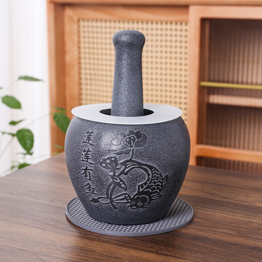 Yi Yuanxuan household natural black gold garlic mortar, stone mortar, medicine jar, stone cup, garlic pounder, pair of wolei bowl, pepper mashing and grinding machine, black gold stone lotus, fish outer diameter 13CM