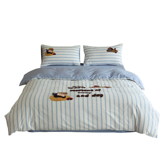 Spend Time Living Children's Cartoon Towel Embroidered Bedding Class A Washed Cotton Bed Sheet Quilt Cover Striped Four-piece Set Baby Puppy 1.5-1.8m Bed Sheet Style Quilt Cover 200X230cm