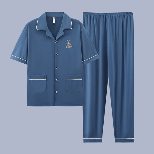 酷章（KUZHANG）男士睡衣夏季短袖长裤纯棉薄款青少年家居服可外穿加大码休闲套装 g3884蓝色-短袖长裤 3XL 建议160-190斤
