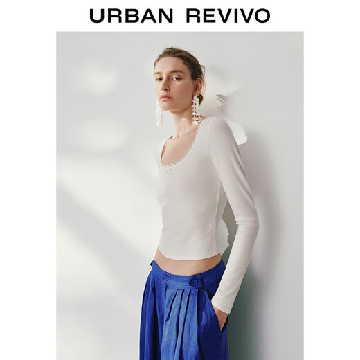 UR2025 new autumn women's spliced lace short slim long-sleeved T-shirt UWH450100 white M