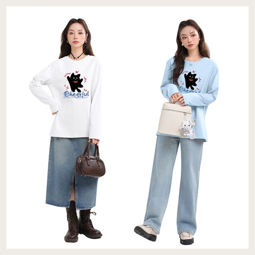 MJ STYLE 200g pure cotton loose long-sleeved T-shirt for women 2026 autumn casual fashion cute kitten versatile top