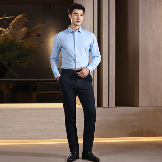 Ouding mulberry silk Sicilian blue high elastic shirt men's business iron-free casual long-sleeved shirt spring wear Sicilian blue 44