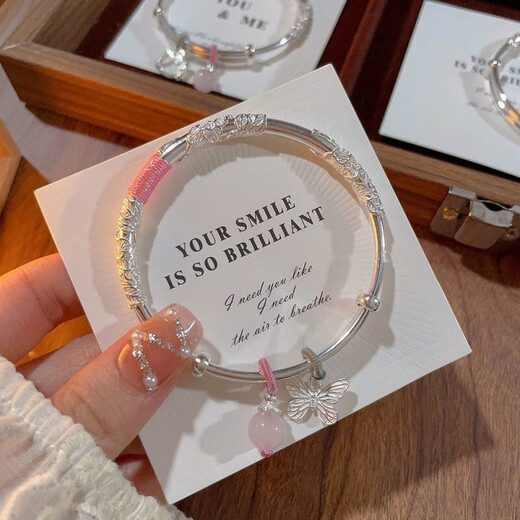 BMOI Old Phoenix 999 Pure Silver Flowers Bracelet Women's Bracelet Safety Lock Bracelet Young Style for Girlfriend Pair of Pearls Flowers Girly Powder + KT Cat 30g