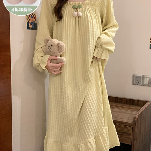 花陌妮公主风睡裙女春夏秋季棉质长袖带胸垫胖mm宽松大码孕妇家居服睡衣 J897-豆沙色裙【可拆卸胸垫】 M 【80-100斤】