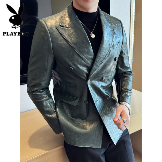 Playboy (PLAYBOY) Rubik's Cube Pattern Double-breasted Leather Suit Jacket Men's Spring and Autumn New Business Casual Trendy British Style Slim Suit Green 2XL (130-145Jin Jin equals 0.5kg)