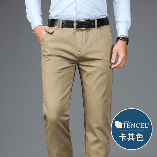 百斯盾天丝棉春秋男士休闲裤直筒宽松商务西裤中老年爸爸夏季薄款 6223卡其 春秋款 29 二尺二