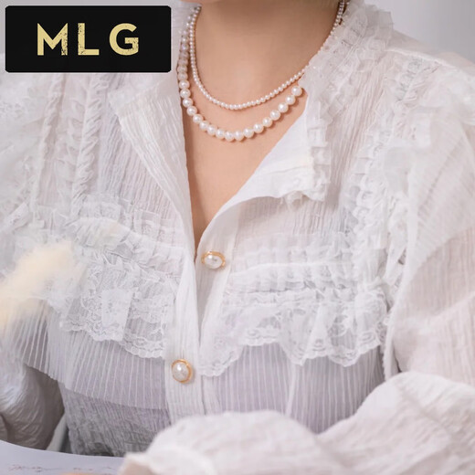 MLG Freshwater Pearl Necklace Women's Summer Round Beads Young Short Double-layer Clavicle Chain Fashion Simple Versatile Jewelry for Your Girlfriend Double-layer Pearl Necklace Inner Circle 40cm Outer Circle