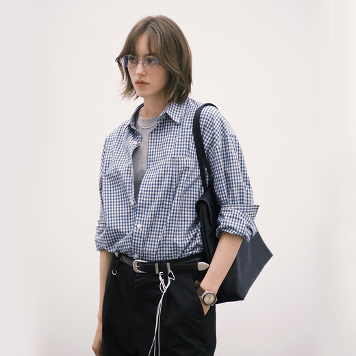 714street loose cotton couple long-sleeved blue plaid shirt for men and women 2025 autumn miu shirt, size is too large, blue and white plaid M