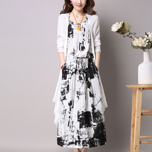 TJQ ​​Vestido de marca de alta gama TJQ para mujeres 2025 Spring y verano Nueva pintura retro de tinta suelta Slim Faltable Faltable Blue Ink M [Recomendado 90-100Jin [Jin iguala 0.5 kg]]]