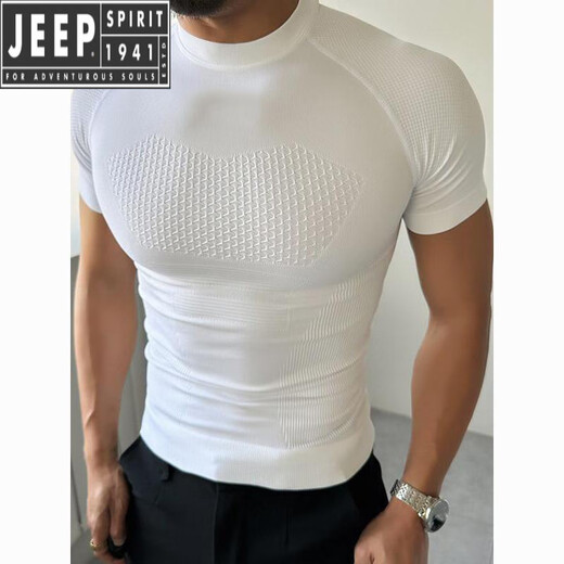 JEEP SPIRIT seamless quick-drying breathable sports fitness short-sleeved T-shirt running training cycling clothing compression tight elastic top for men classic black--quick-drying sports short sleeves M