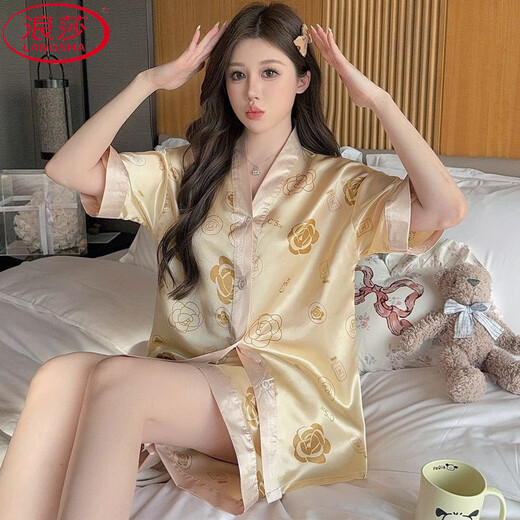 浪莎（LangSha）印花冰丝绸睡衣女短袖短裤夏天新款小众轻奢小香风宽松家居服套装 869#对襟金色山茶花 XL