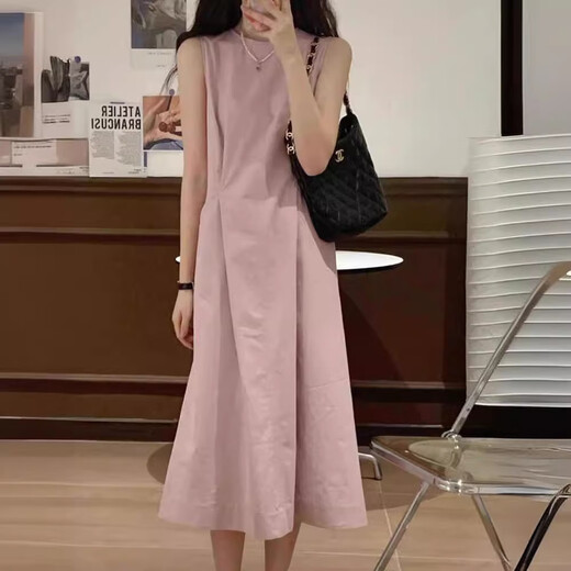 依慕琪爱依轩 法式甜美风圆领无袖连衣裙女 新款设计感高腰显瘦中长裙 粉色-3524 L -收藏关注优先发货