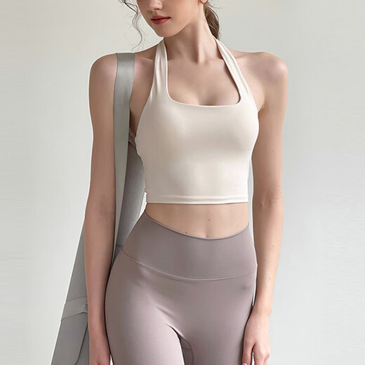 Tianyi sports bra for women with chest pads, beautiful back, shockproof halter neck yoga wear set, Pilates bra, fitness vest, ivory white M