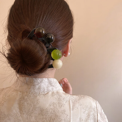 Case makeup Chinese Valentine's Day new Chinese style u-shaped beaded three-tooth hairpin for women, Chinese-style hairpin, comb ball hairpin, hairpin, coffee green-three-tooth hairpin