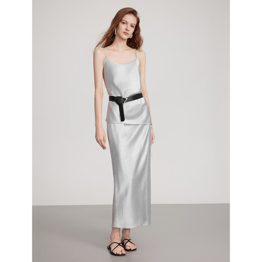 ELLE shopping mall same style ELLE acetic acid light luxury suspender skirt two-piece set for women 2025 summer new temperament suit light gray L