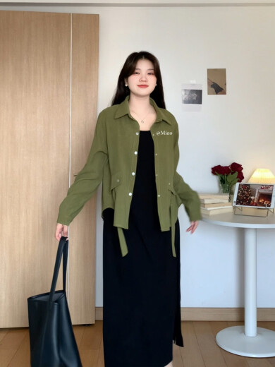 酷章（KUZHANG）微胖的喵喵 梨形mm秋季显瘦休闲百搭衬衫吊带连衣裙大码套装 6636 藕粉衬衣+黑色吊带裙 3XL