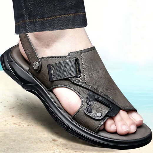 TTPMER Summer Men's Sandals Imitation Leather Comfortable Thick Sole Anti-Slip Beach Shoes Casual Soft Sole Sandals Gray 9923 38 [In Activity]