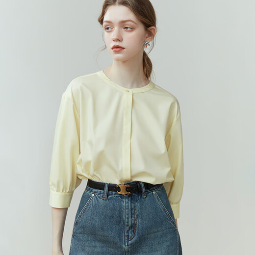 Fanslanen summer three-quarter sleeve top not easy to wrinkle professional commuting shirt women's interview temperament mid-sleeve 12083 cream yellow XS