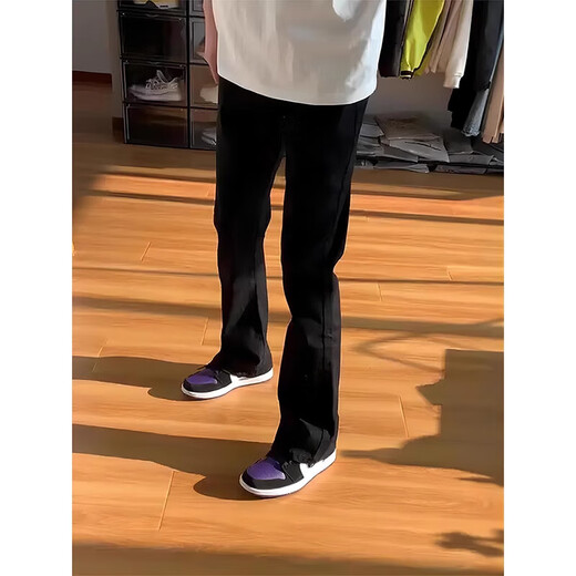POUM黑色弯刀牛仔裤男秋季美式高街vibe男裤子潮牌冬季加绒直筒微喇裤 GYFS-G825黑色 L
