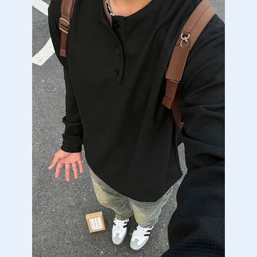 Pierre Cardin (pierre cardin) black American Henry collar sweatshirt men's summer waffle long-sleeved T-shirt is cool and handsome inner layering shirt black M 105-120Jin Jin is equal to 0.5 kg