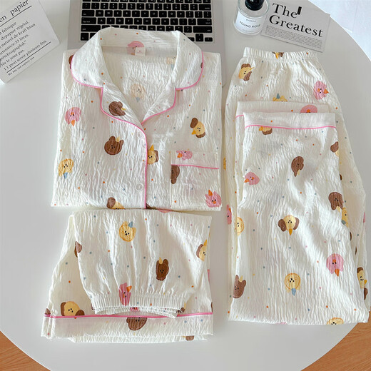 Jingpu Flying Dot Puppy Suit Women's Summer Thin Cotton Short-Sleeved Home Clothes Yunduo Cotton-J9901#Paradise Puppy Three-piece Set M Recommended 75-100Jin Jin equals 0.5kg