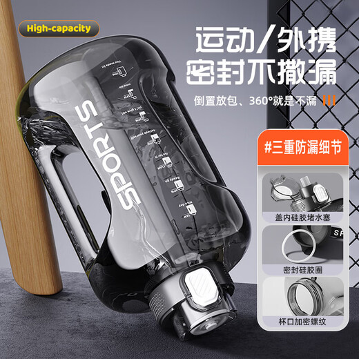 SZTAA Water Cup Large Capacity High Temperature Resistant Ton Cup Ton Bucket Food Grade Tritan Men's Sports Water Bottle Portable Space Bottle Thickened PC Model-1500ml-Sports Black