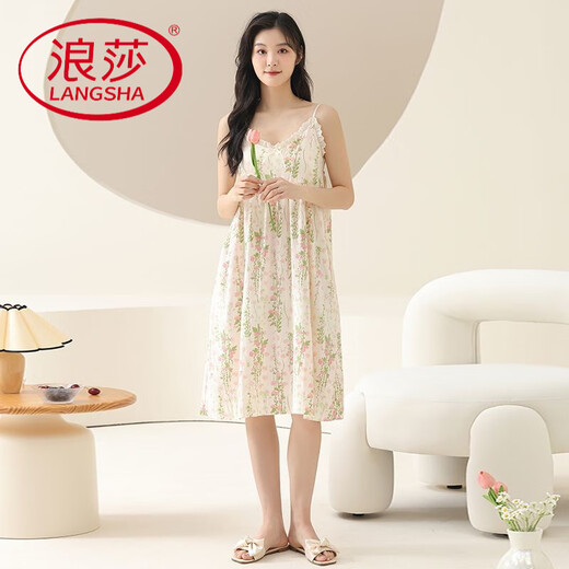 LangSha (LangSha) nightgown with breast pad for women 2025 new summer thin sweet loose dress Yunduo Cotton can be worn outside home clothes C6624G [with breast pad suspender nightgown] XL Recommended 120-140Jin [Jin equals 0.5 kg]