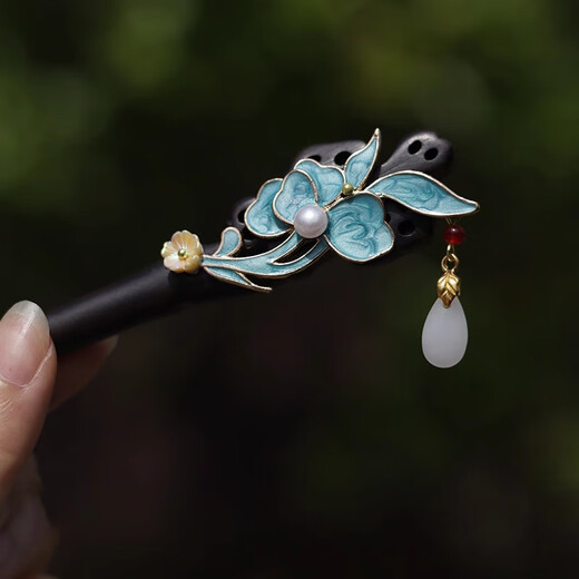 Hypatia Hairpin Women's Ebony Wood Hairpin Ancient Style Imitation Dotted Green Burnt Blue Butterfly Double-sided Hairpin New Chinese Hanfu Hairpin Lotus Burnt Blue