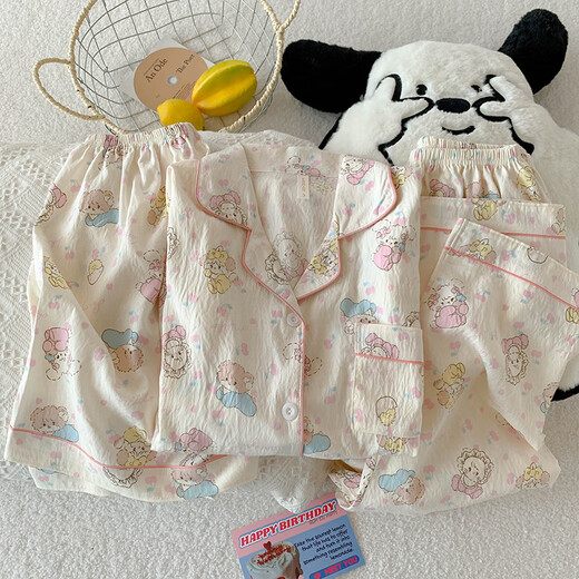 Catman Miiow Drei-teilige Pyjamas für Frauen im Sommer kurzärmelige Hose süße Cartoon-Strickjäde Girl Cloud Cotton Summer Home Clothing Set JS-9905# Schwarzes Liebes-drei-Stück-Kurzärärmel-Top + M 155-162 Gewicht 100 Jin [Jin gleich 0,5 kg]