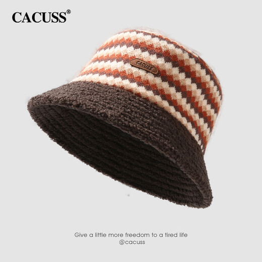 CACUSS Hat Women's Winter Warm Fisherman Hat Big Head Circumference Showing Face Small Basin Hat Retro Plaid Teddy Velvet Hat Coffee Color