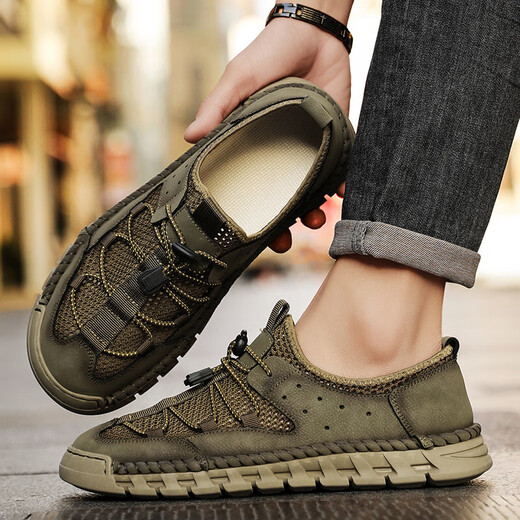 超纤皮凉鞋男款法皮鞋春夏季新款真皮镂空洞洞鞋软底休闲沙滩鞋男 沙色 【超纤皮A681】 42