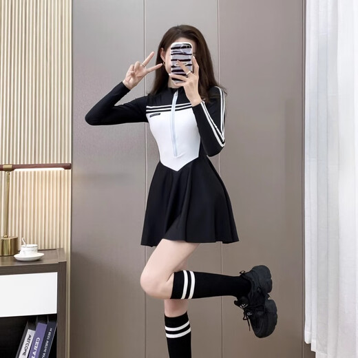 Bai Qixin swimsuit women's conservative and high-end one-piece swimsuit 2026 new summer professional belly-covering slimming large size swimsuit black and white one-piece long-sleeved swimsuit 80-120Jin Jin equals 0.5 kg