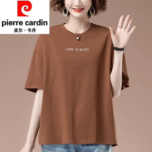 皮尔卡丹加肥加大号夏季新款宽松刺绣短袖t恤女中年妈妈休闲纯棉上衣体恤 9896黑色 L 100-115斤
