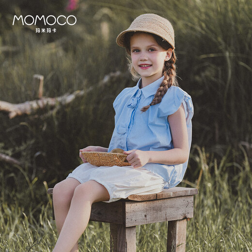Mami Maca (MOMOCO) girls summer cotton shirt summer new breathable solid color rose three-dimensional shirt blue 110