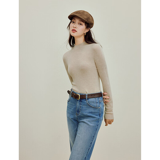Inman seamless one-piece half turtleneck pure wool sweater 2025 autumn women's new knitted bottoming sweater oatmeal color M