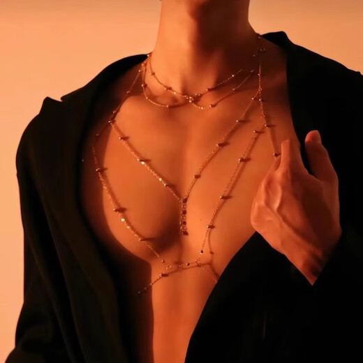 Shixi chest chain men's body chain large size sexy and sexy high-end collar necklace bar decorative chain couple waist chain boys silver chest chain + necklace