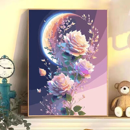 数字油画花卉风景动漫手绘填充手工丙烯油彩画装饰画 H1049郁金香 30*40黑白实木薄画板+颜料笔