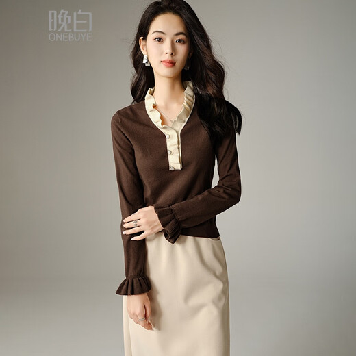 Late White New Product 2025 Autumn Fashion Simple Casual Sweater Temperament V-neck Lace Elegant Knitted Sweater Women Brown S