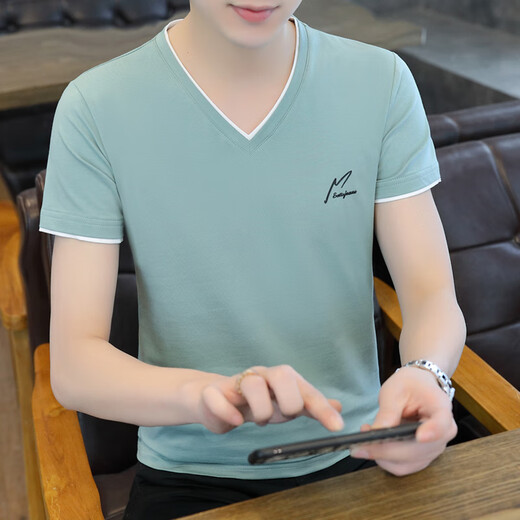 
Seven Wolf Summer Men's Short Sleeve T-shirt Pure Cotton V Chicken Heart Collar Versatile Clothes Half Sleeve Men's Casual and Shirt Refined Body Shirt Black QY659 M