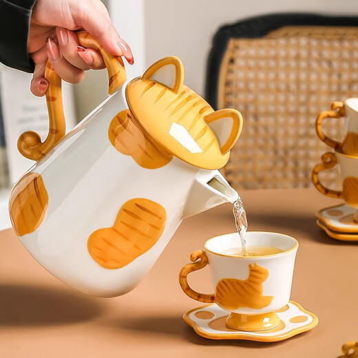 Qingbilin moves into a new home tea set ceramic cup kettle water set teapot afternoon tea wedding engagement gift for the newlyweds cat brown and white 5 pieces one pot two cups two saucers