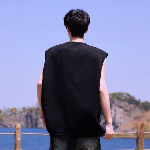 Du Xiaoxian's textured sleeveless vest men's summer thin youth sports fitness vest Henry collar t-shirt black L recommended 100-120Jin Jin equals 0.5 kg