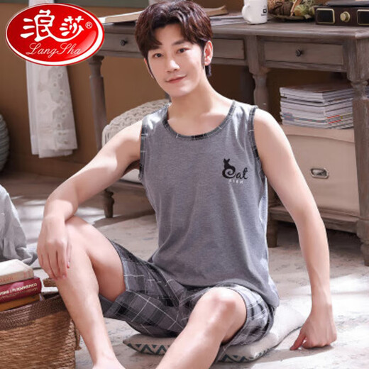 浪莎男士背心夏季青少年无袖短裤睡衣大码薄款纯棉套装男款外穿家居服 1283牛仔豚男牙 L码100-125斤 均码