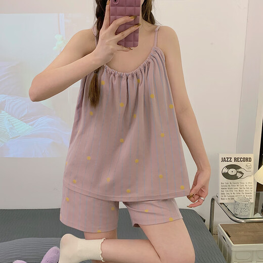 山头林村条纹圆点吊带短裤睡衣女款夏季天薄款带胸垫新款性感家居服可外穿 AF9207 小云朵 套装 固定胸垫 M