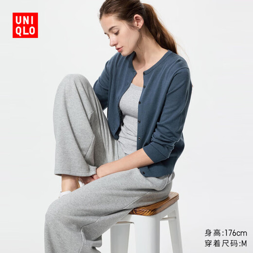 Uniqlo Women's Worsted Merino Wool Round Neck Knitted Cardigan/Long Sleeve Commuting 478331 68 Dark Blue L