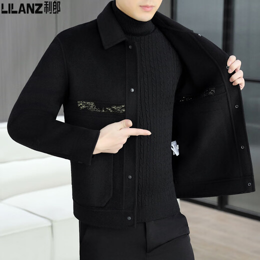 Lilang woolen woolen coat men's short double-sided woolen coat autumn and winter new high-end men's thickened woolen jacket black 4XL 195